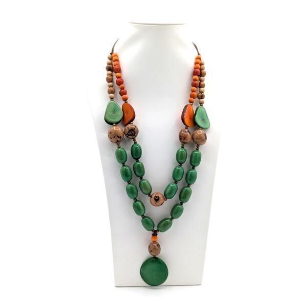 VTG Tagua Nut Green Tan Orange Bead Two Strand Dangle Corded Handmade Necklace - Picture 1 of 7